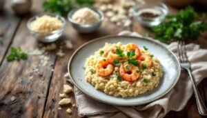 Il risotto con gamberi e carciofi fritti è il primo elegante e veloce perfetto per la cena