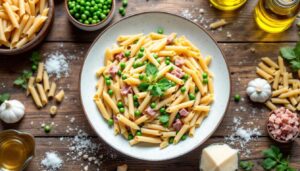 Pasta con crema di piselli e pancetta: primo piatto veloce e cremoso