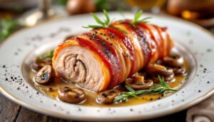Arista ripiena avvolta nella pancetta: arrosto morbido con funghi e salsa al latte